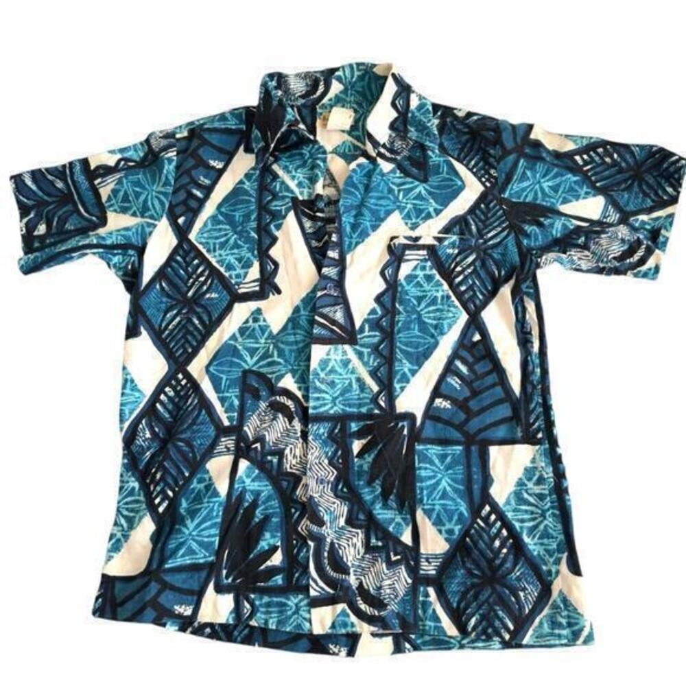 Vintage Blue Barkcloth Tiki Button Up 1970s ARNOLD CHRISTENSEN Hawaiian Shirt